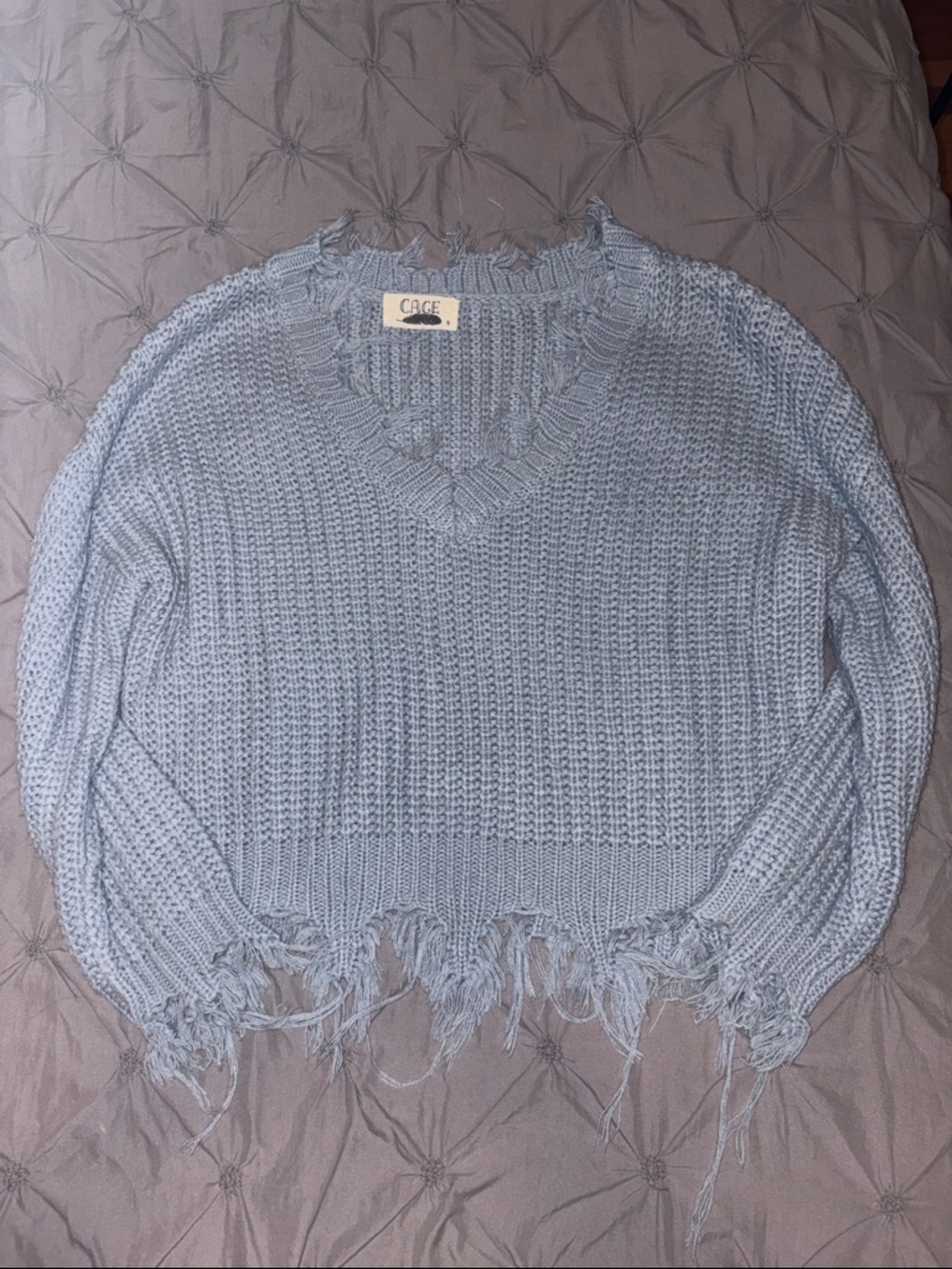 Cage Distressed Light Blue V-Neck Knit Sweater